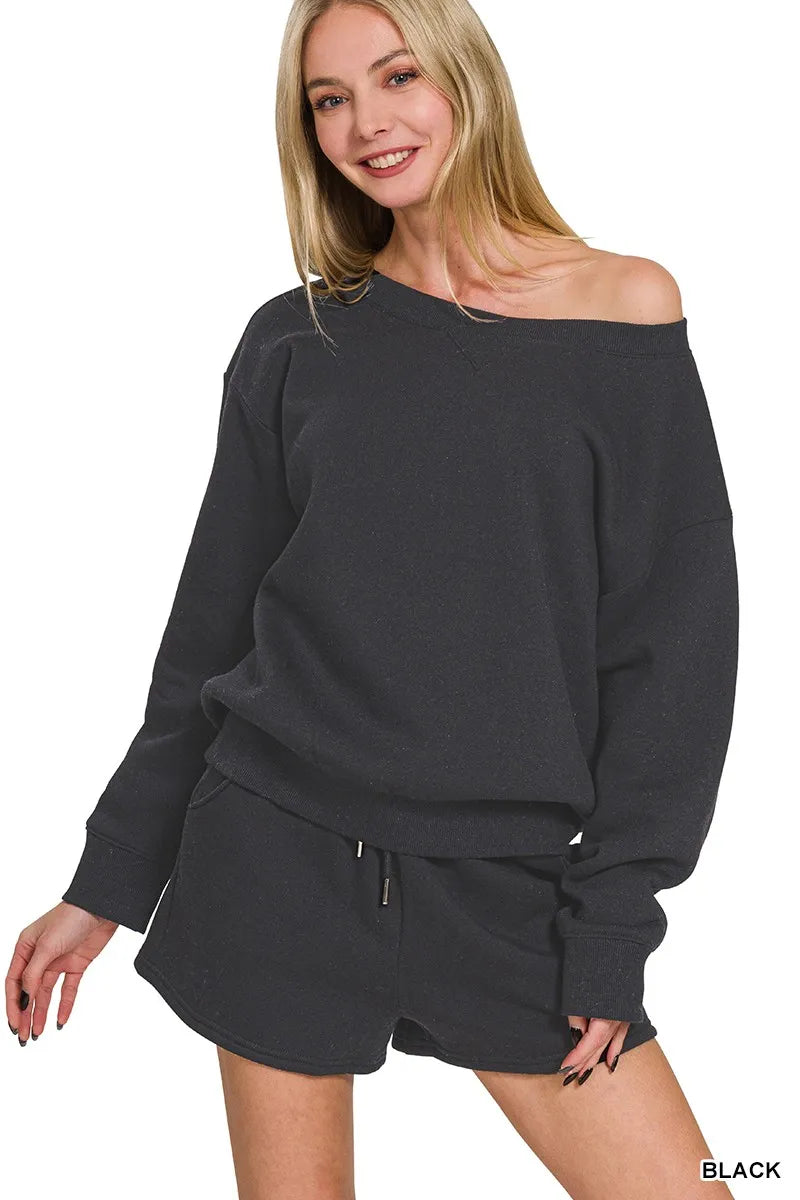 Zenana Off-Shoulder Fleece Sweatshirt and Drawstring Shorts Set - Stylish Loungewear Ensemble
