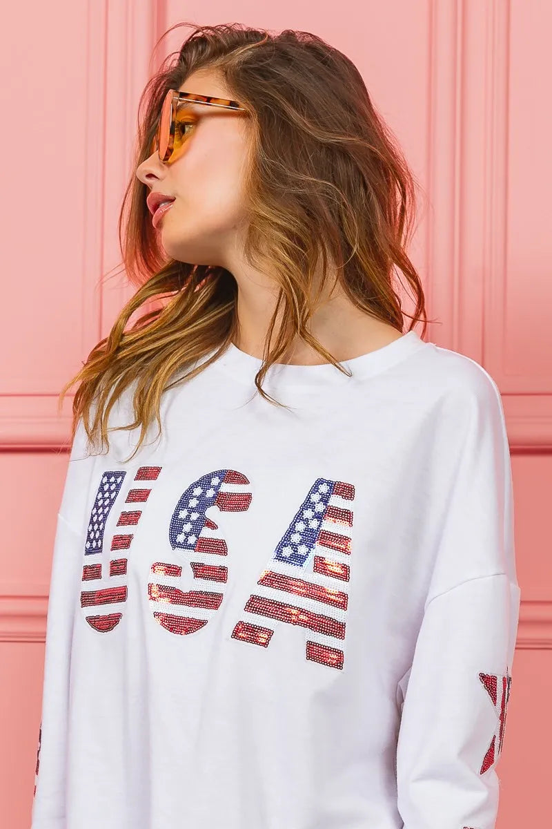 Patriotic Oversized Sequin Sweatshirt with American Flag & Stars - Stylish USA Apparel