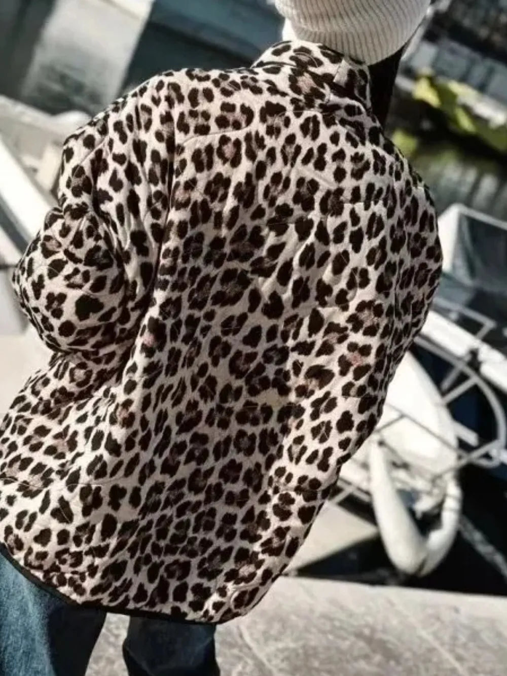 Trendy Leopard Print Open Front Long Sleeve Jacket with Pockets - 100% Polyester Outerwear
