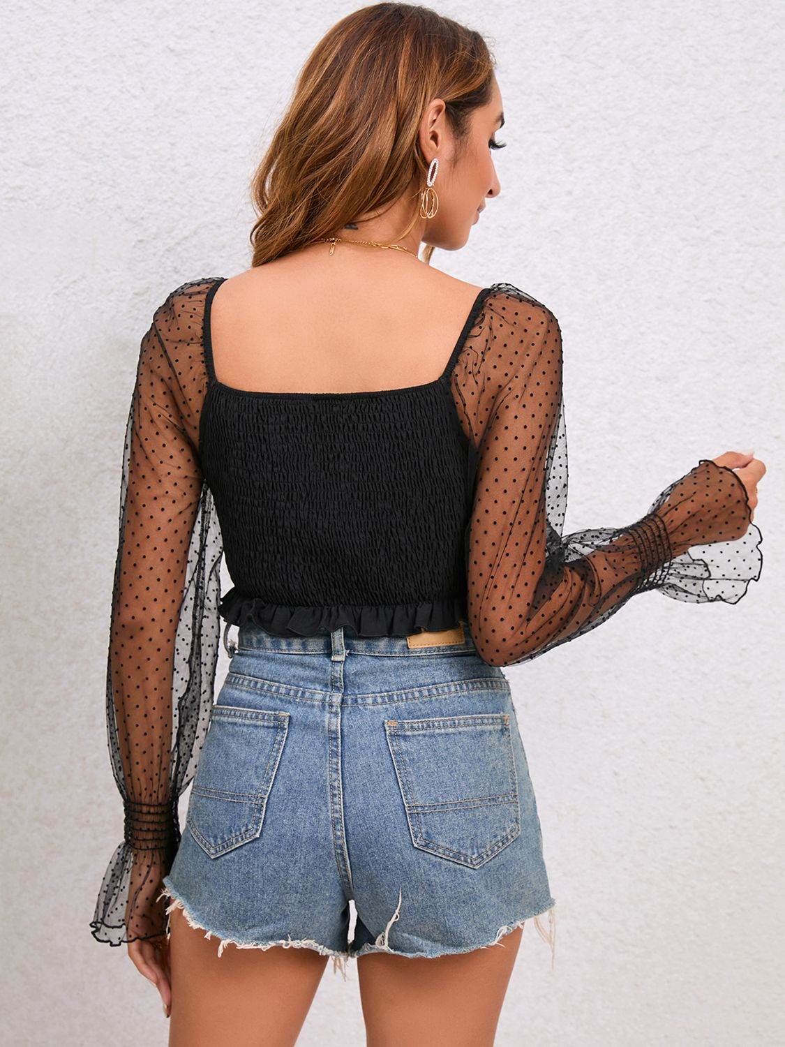 Chic V-Neck Drawstring Flounce Sleeve Cropped Top in Solid Polyester - Store 42