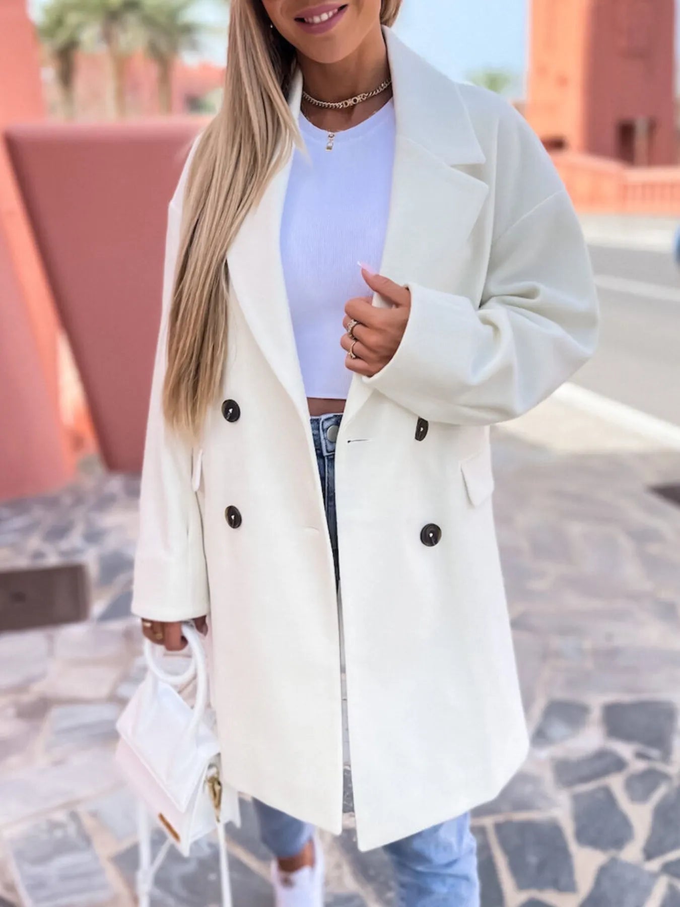 Plus Size Full Length Double-Breasted Wool Coat with Pockets - Stylish & Warm