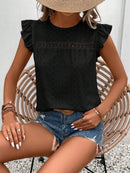 Elegant Eyelet Round Neck Cap Sleeve Top - 95% Polyester, No Stretch, Imported - Store 42