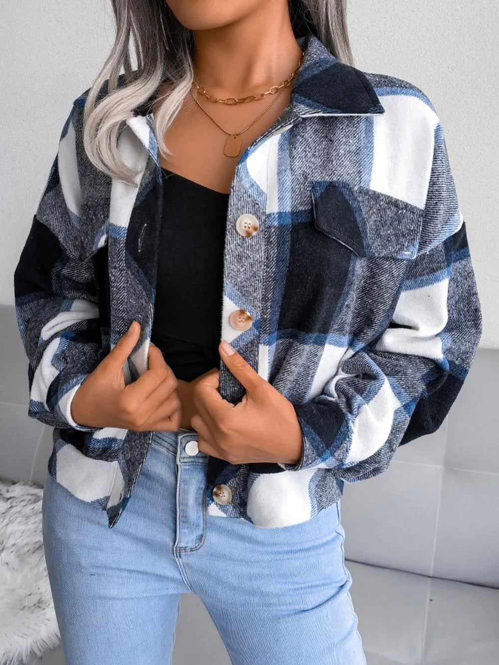 Plaid Long Sleeve Jacket with Collared Neck - Buttoned, 100% Polyester, Machine Washable