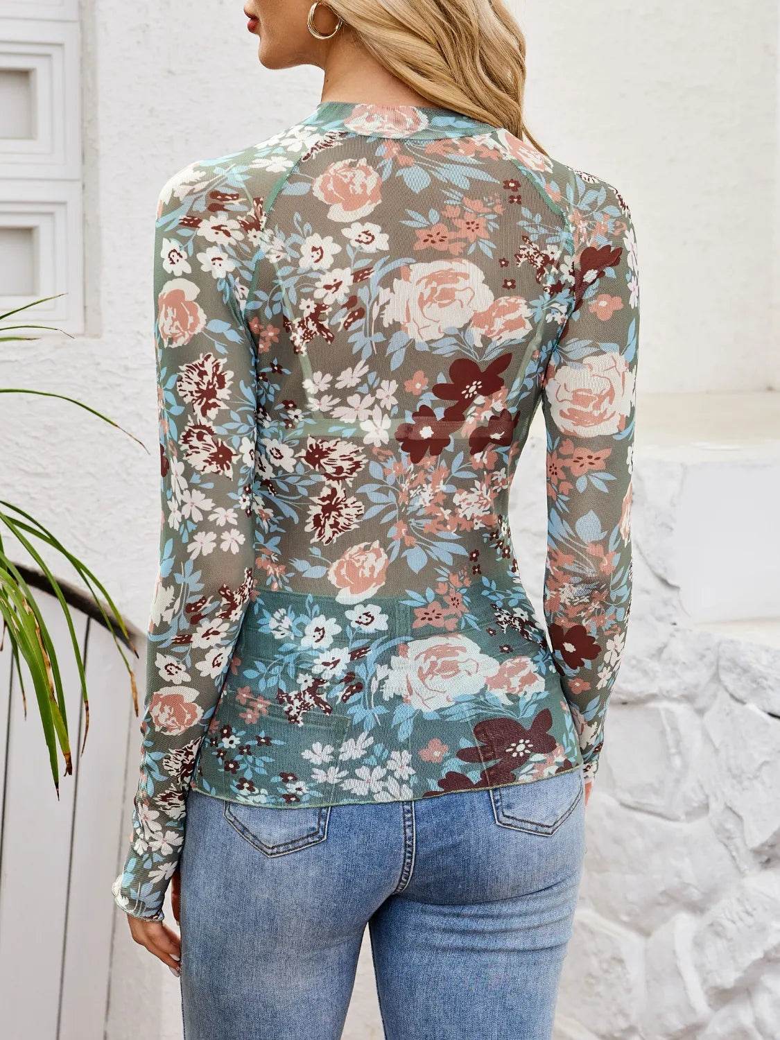 Floral Mock Neck Long Sleeve Top for Women - Slightly Stretchy, Comfortable Polyester Blend - Store 42