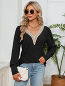 Lace Detail V-Neck Blouse with Ribbed Texture - Opaque, Slightly Stretchy Fabric - Store 42
