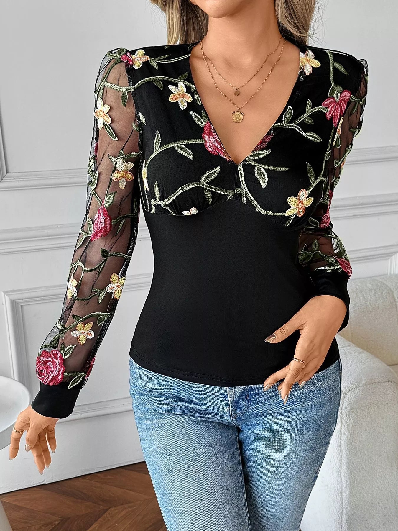 Sheer Floral Mesh Sleeve V-Neck Top in 100% Polyester - Slightly Stretchy & Stylish
