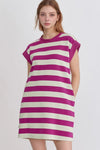 Stripe Cap Sleeve Pocketed Shift Tee Dress Red-Violet