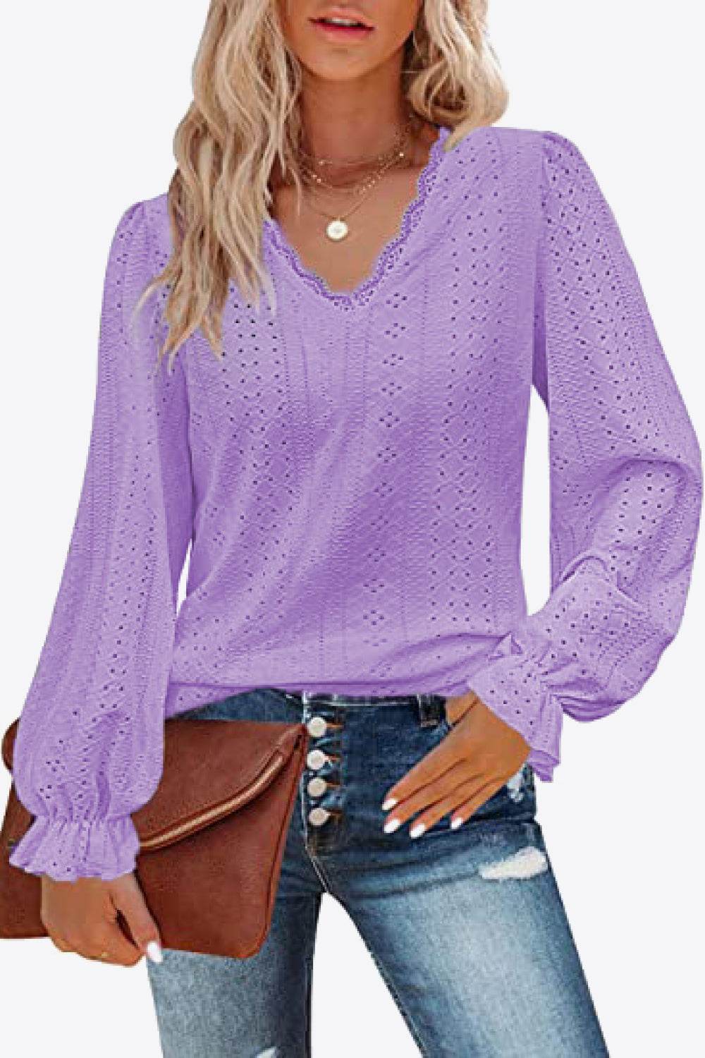Trendy Eyelet V-Neck Blouse with Flounce Sleeves - Opaque, Highly Stretchy, Lined - 100% Polyester - Store 42