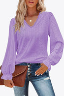 Trendy Eyelet V-Neck Blouse with Flounce Sleeves - Opaque, Highly Stretchy, Lined - 100% Polyester - Store 42