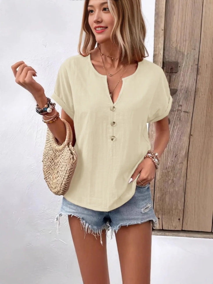 Trendy Plus Size Notched Short Sleeve Top with Decorative Button – 100% Polyester, Stylish Fit