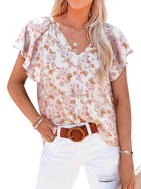 Full Size Flutter Sleeve Floral V-Neck Blouse Plus Size - Store 42