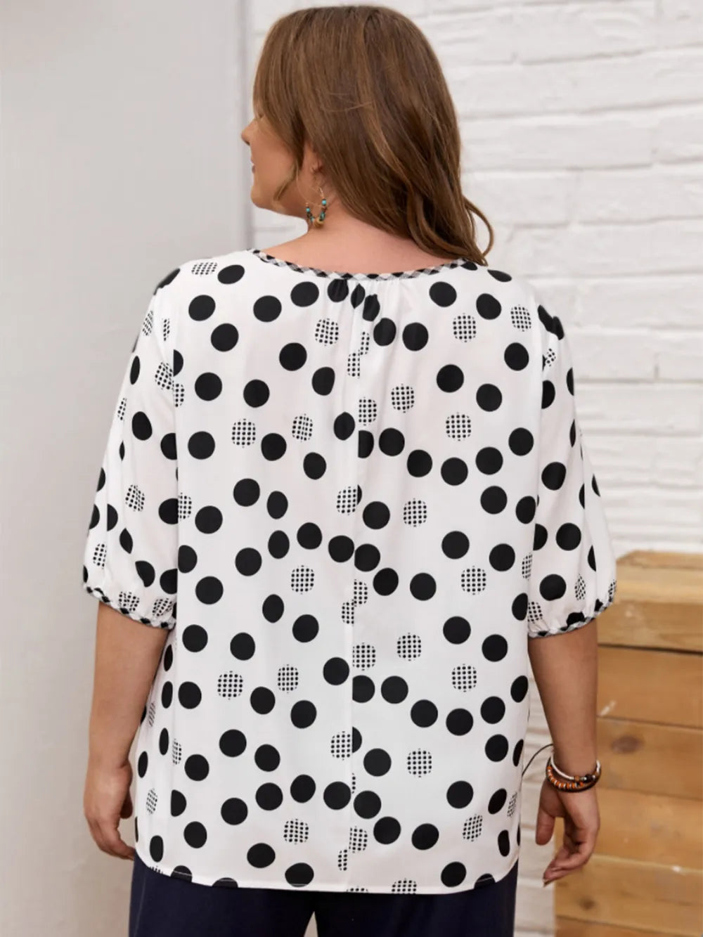 Trendsi Plus Size Polka Dot Blouse with Round Neck and Half Sleeves - Opaque Cotton Blend