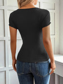 Lace Detail Short Sleeve T-Shirt with Buttoned Closure - Stretchy Polyester Blend Top - Store 42