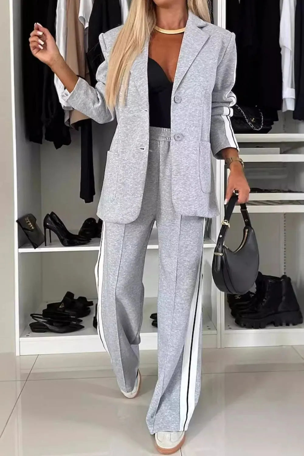 Trendy 2-Piece Full Size Set: Contrast Lapel Collar Top and Pants, Buttoned & Pocketed Style