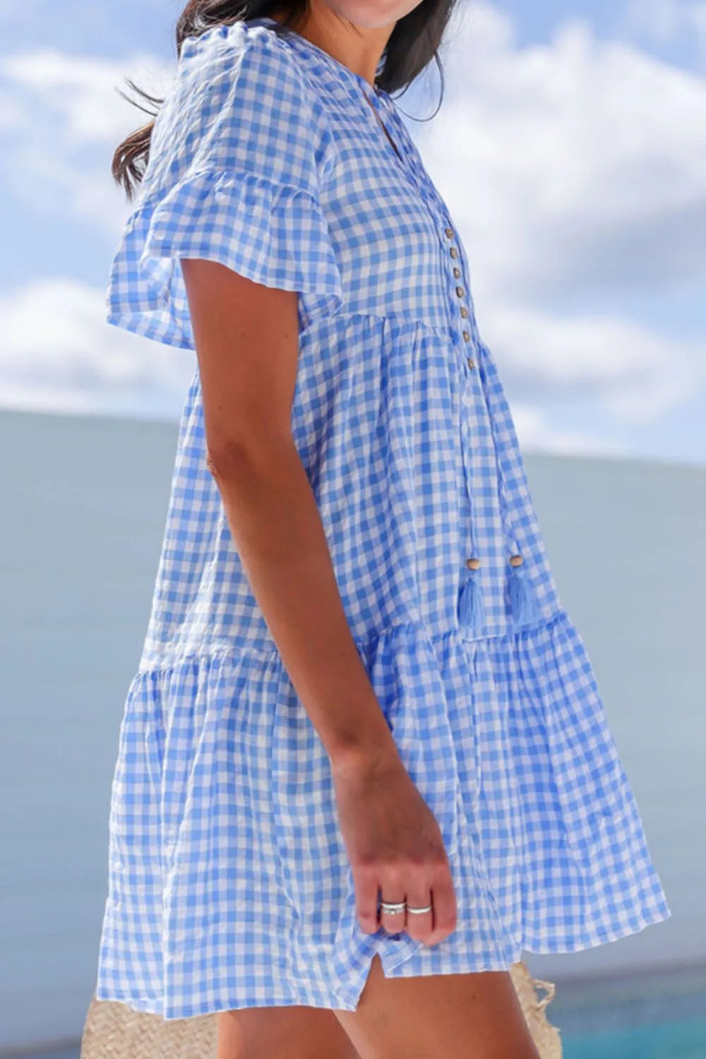 Gingham Short Sleeve Button Tie Split Neck Loose Mini Dress