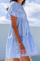 Gingham Short Sleeve Button Tie Split Neck Loose Mini Dress