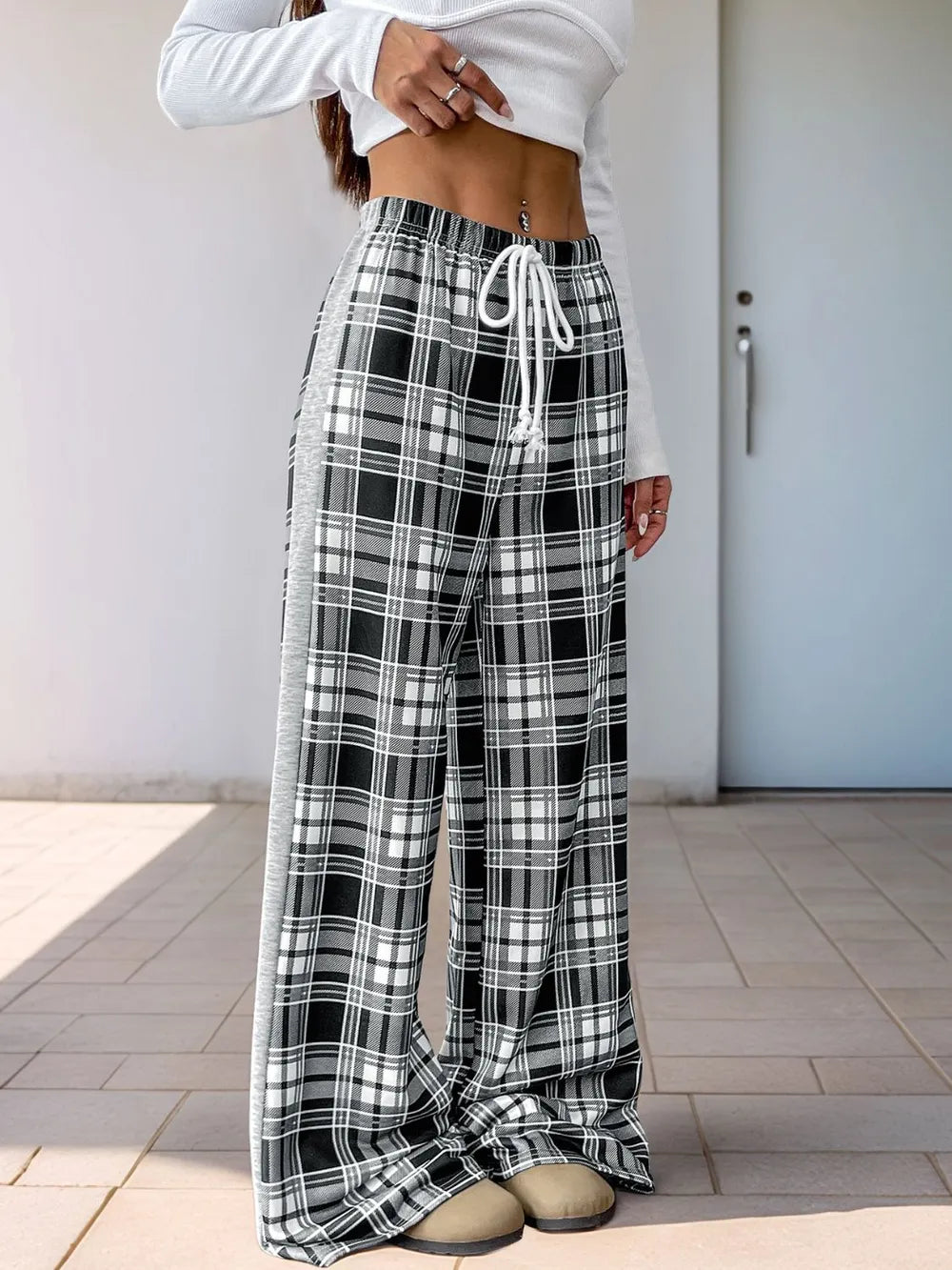 Perfee Wide Leg Plaid Pants with Drawstring - Stylish & Comfortable 100% Polyester