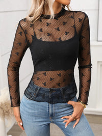 Floral Mock Neck Long Sleeve Mesh Top Black Bow