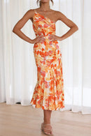 Ruched Printed Single Shoulder Midi Dress