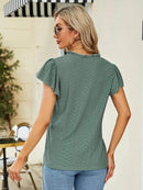 Trendsi Eyelet Notched Short Sleeve T-Shirt with Ruffled Frills - Slightly Stretchy Fabric - Store 42