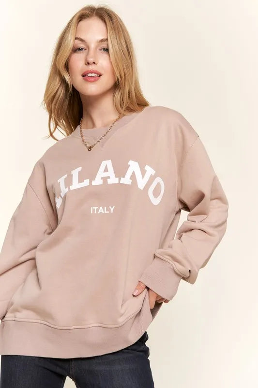 Cozy Oversized Washed Milano Pullover Sweatshirt - 80% Polyester, Trendy Casual Layering Piece