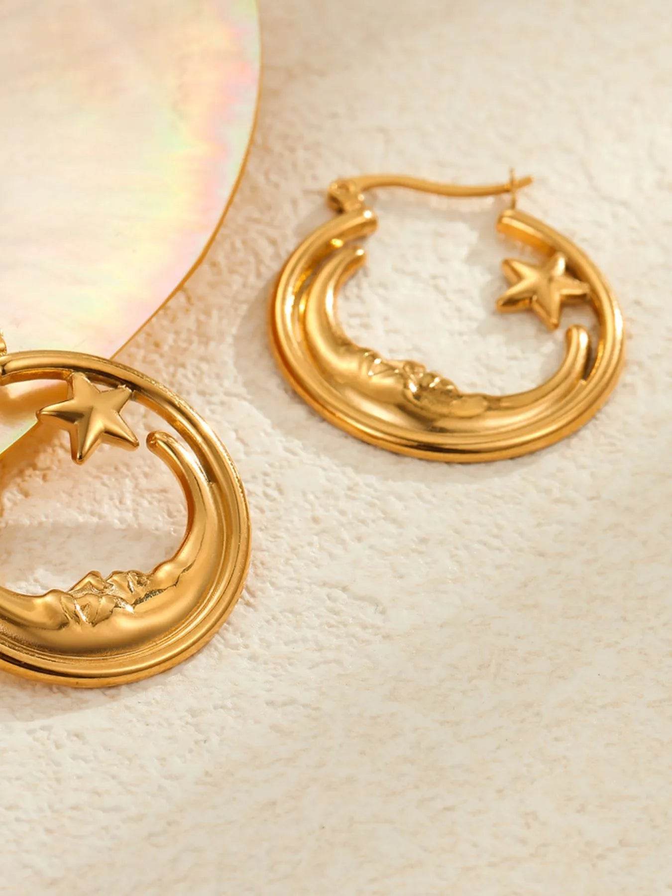 18K Gold-Plated Crescent Moon and Star Hoop Earrings for a Celestial Touch