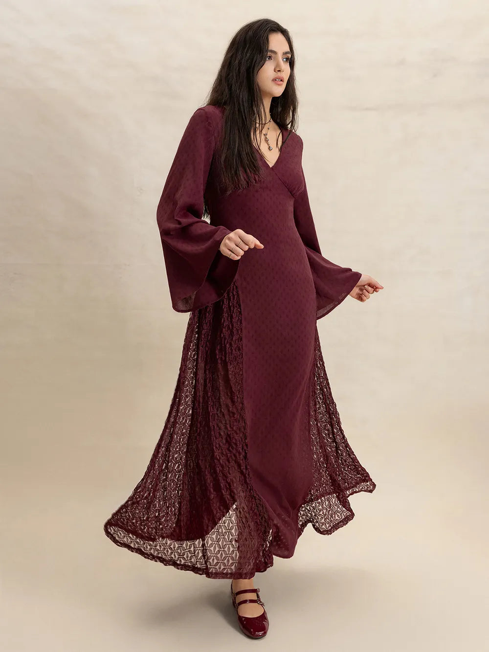 Lace Patchwork V-Neck Long Sleeve Midi Dress - Semi-Sheer, Slightly Stretchy, Lined