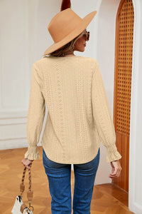 Stylish Contrast Flounce Sleeve Blouse - Opaque, Slightly Stretchy, Perfect for Casual Outings - Store 42