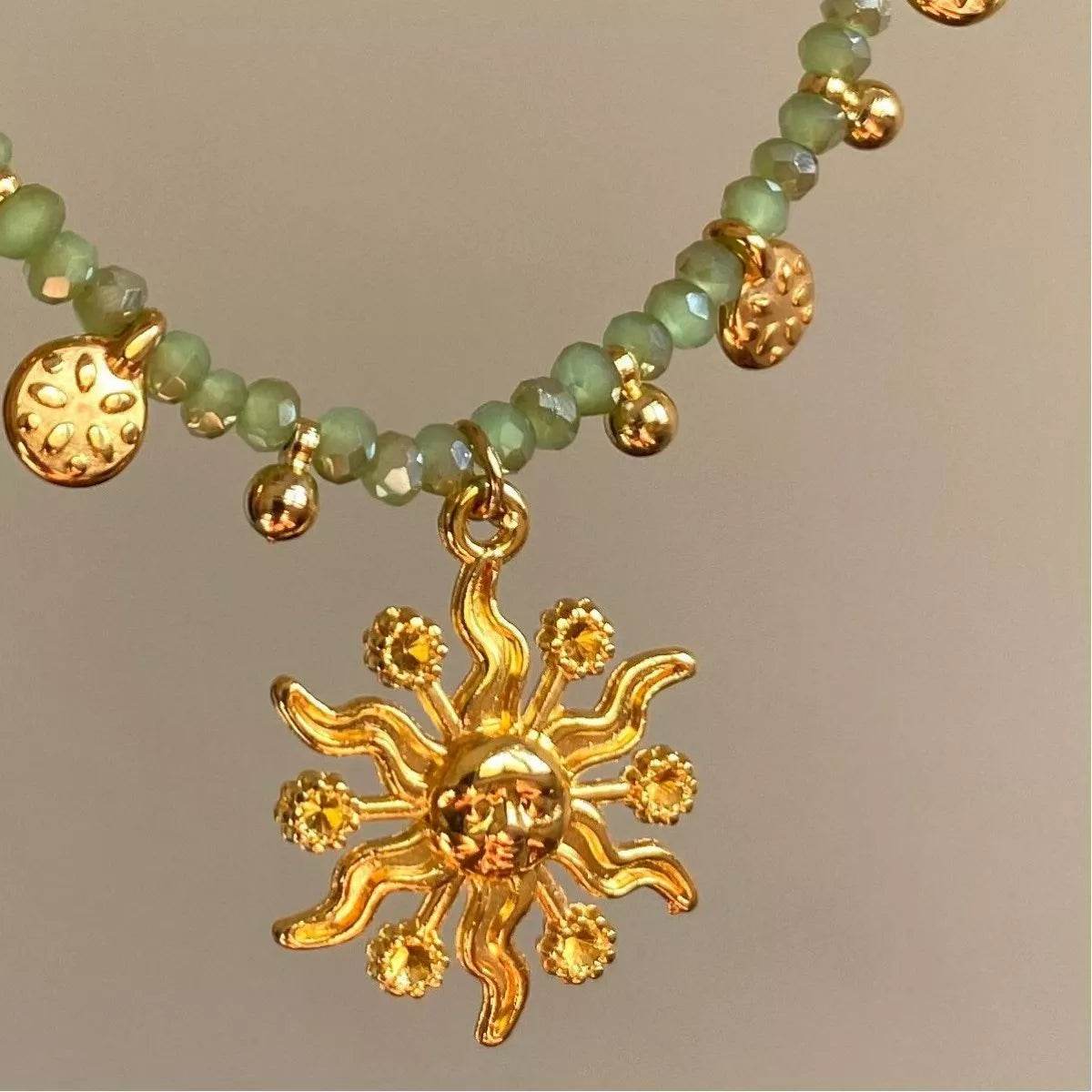 14K Gold-Plated Sun Pendant Necklace with Beads - Elegant Copper Jewelry for Everyday Wear