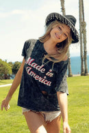 Trendy Laser Cut Mineral Washed Top with America Print - 100% Cotton Patriotic Style - Store 42