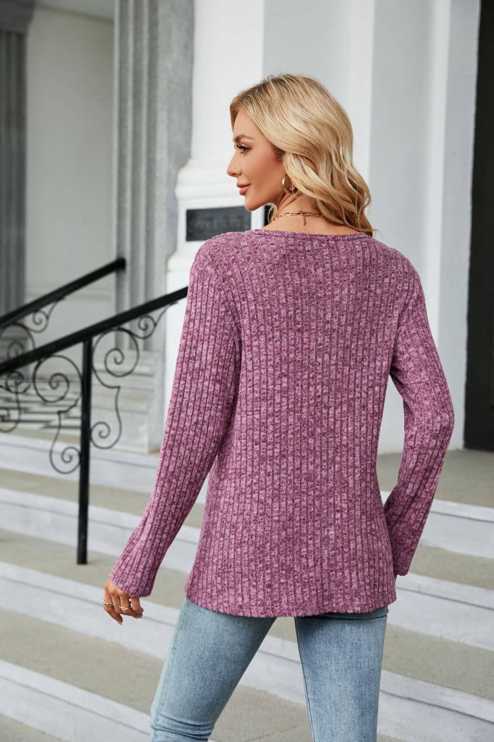 Casual Buttoned Long Sleeve Slit Top in Solid Design - Slightly Stretchy & Opaque