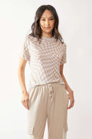 Davi & Dani Checker Board Printed Mesh Short Sleeve Top IVORY TAUPE
