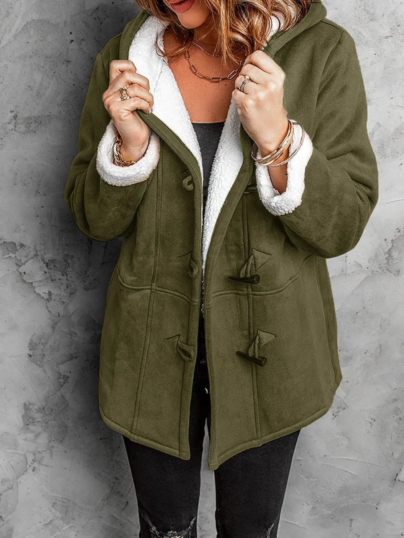 Full Size Cozy Sherpa Lined Toggle Coat with Hood Plus Size - Store 42