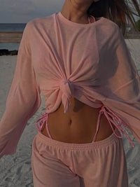 Slightly Stretchy Knotted Long Sleeve T-Shirt in Sheer 100% Polyester - Trendy Basic Style - Store 42
