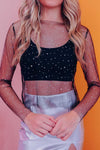 Rhinestone Mesh Round Neck Long Sleeve Blouse Black