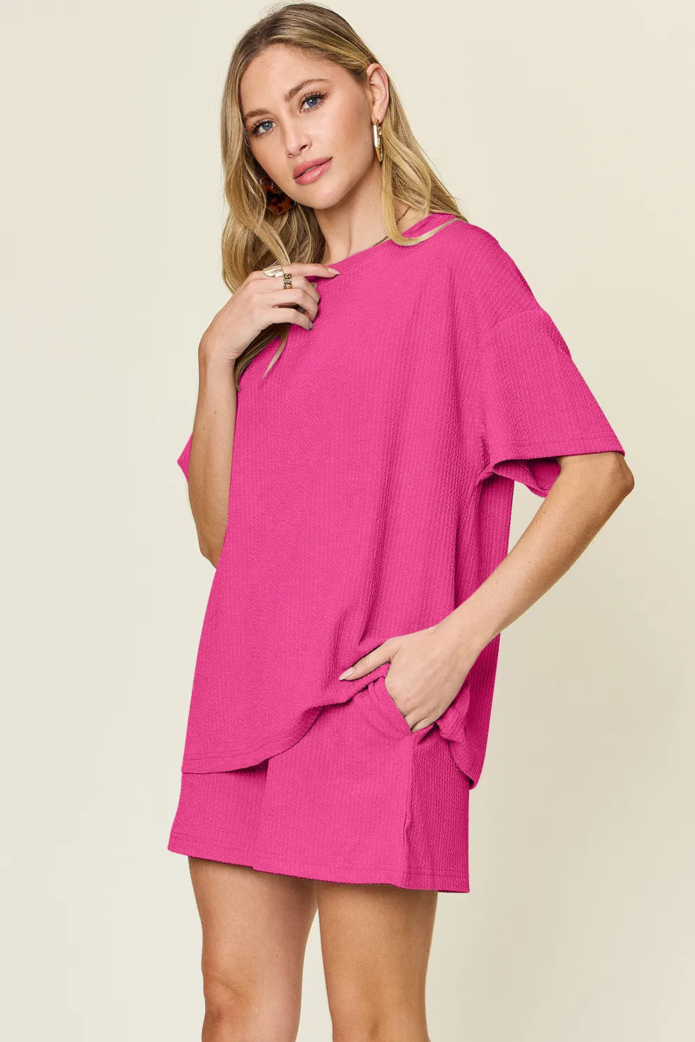 Trendsi Double Take Round Neck Solid Two-Piece Set - Stretchy Basic Style Fashion
