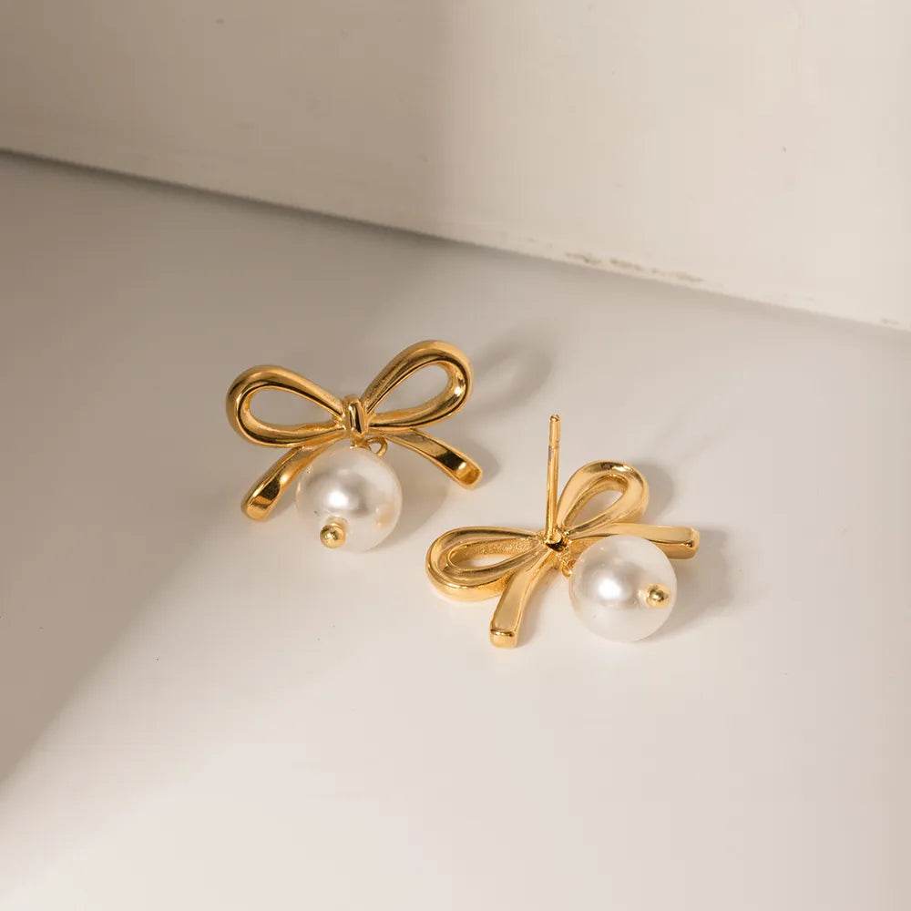 Elegant 18K Gold-Plated Stainless Steel Bow Pearl Earrings - Unique Style for Every Occasion
