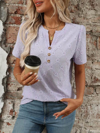 Stylish Eyelet Notched Top with Decorative Buttons - Short Sleeve & Slightly Stretchy, Opaque Fabric - Store 42