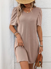 Textured Round Neck Short Sleeve Mini Dress