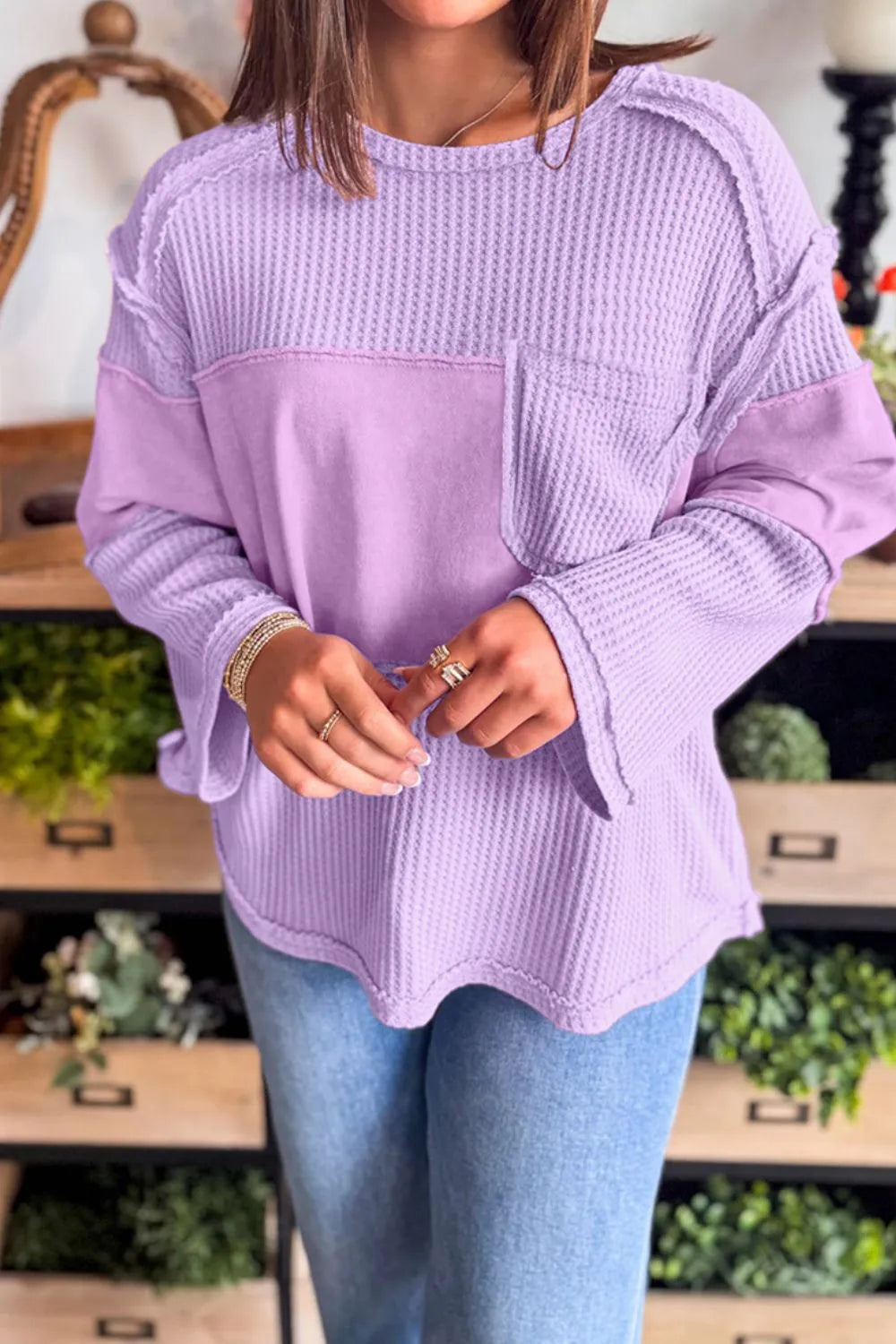 Trendsi Waffle Knit Long Sleeve T-Shirt with Pocket - Slightly Stretchy 100% Polyester Top