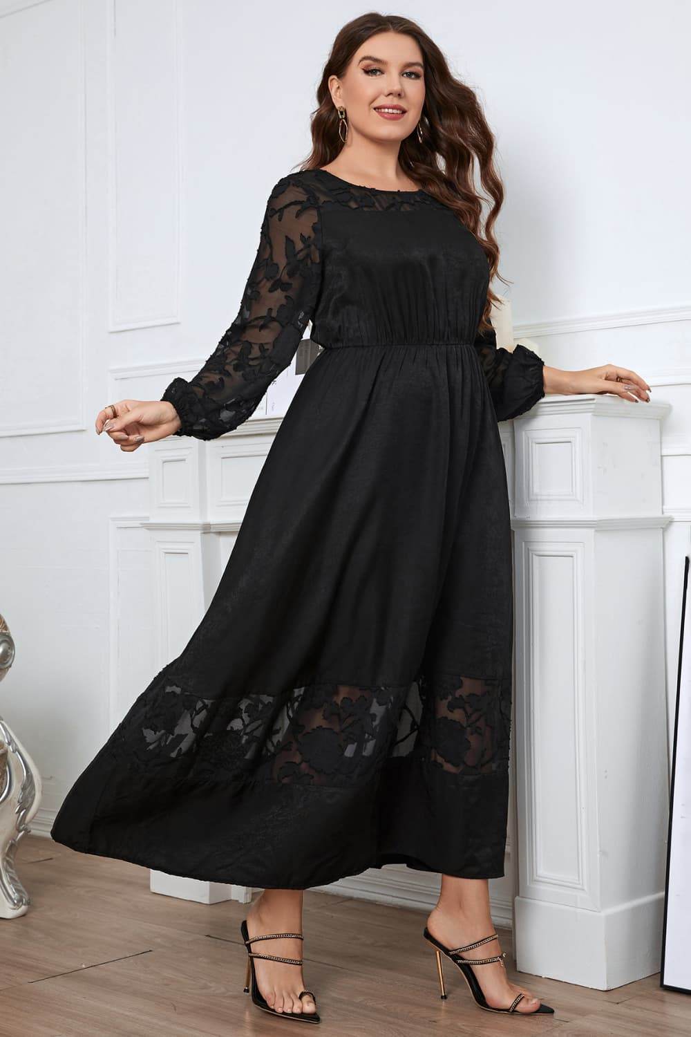 Honey Melo Apparel Plus Size Embroidery Round Neck Long Sleeve Maxi Dress - Store 42
