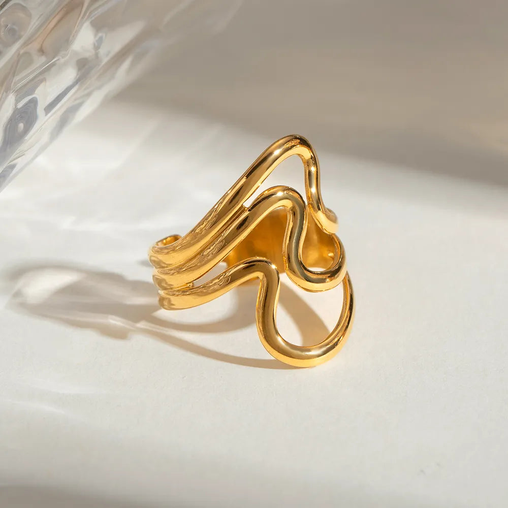 Adjustable 18K Gold-Plated Stainless Steel Corrugated Open Ring for Unique Style