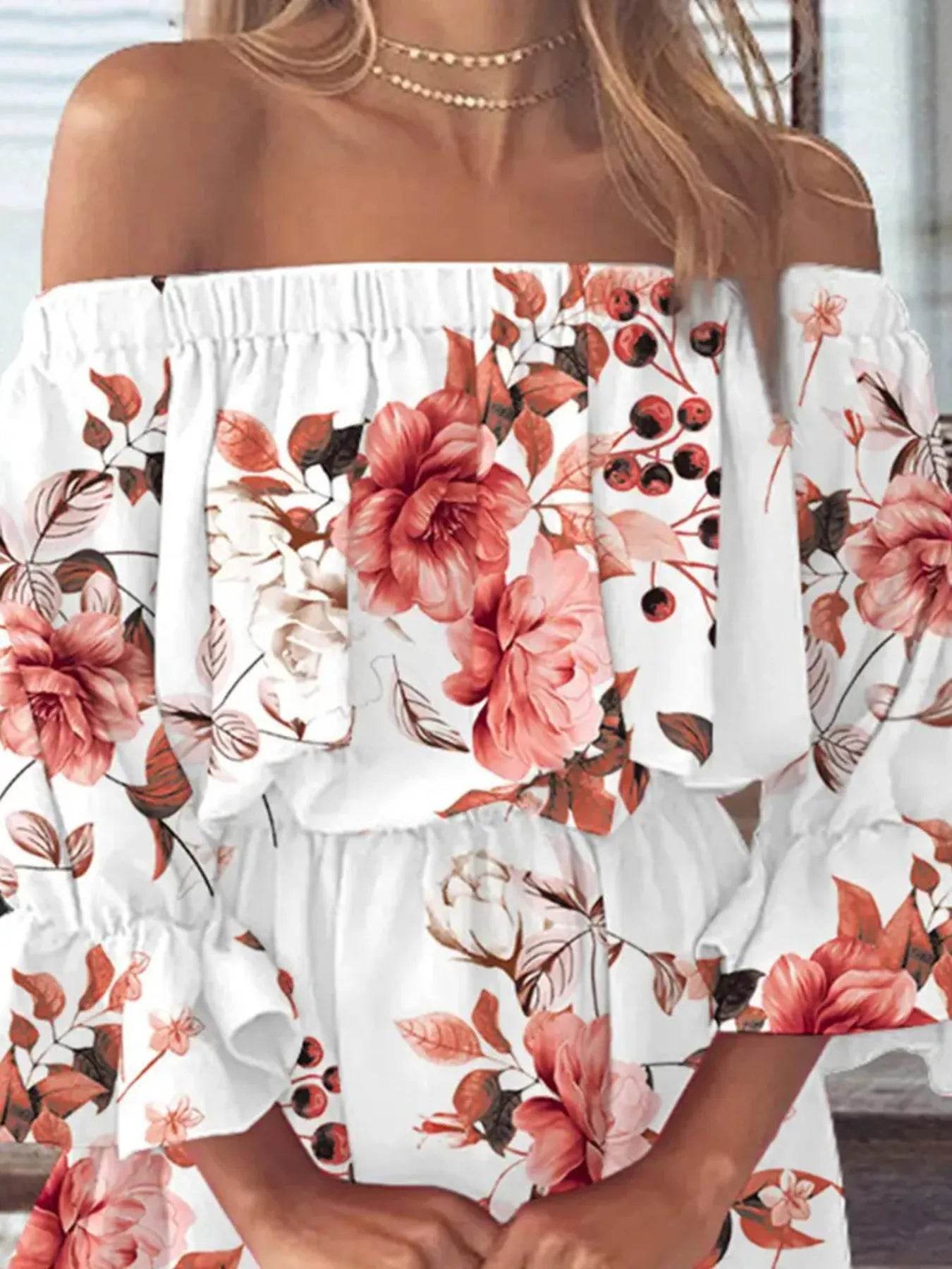 Full Size Floral Off-Shoulder Flounce Sleeve Mini Dress Plus Size - Store 42