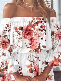 Full Size Floral Off-Shoulder Flounce Sleeve Mini Dress Plus Size - Store 42