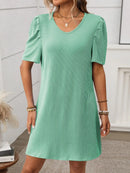Textured Round Neck Short Sleeve Mini Dress