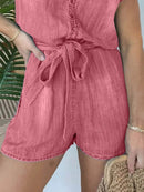 Full Size Tie Waist Cap Sleeve Denim Romper Plus Size - Store 42