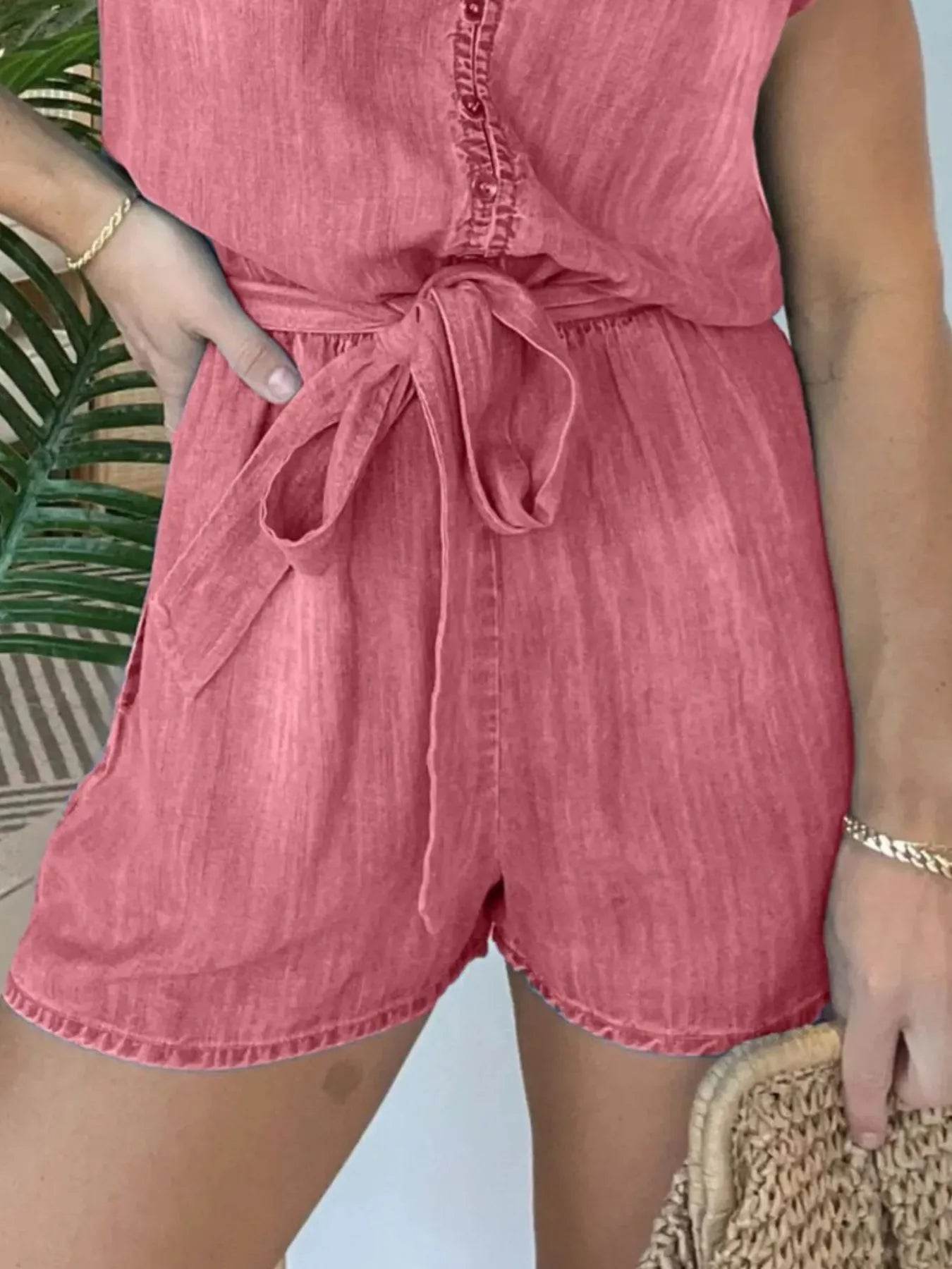 Full Size Tie Waist Cap Sleeve Denim Romper Plus Size - Store 42