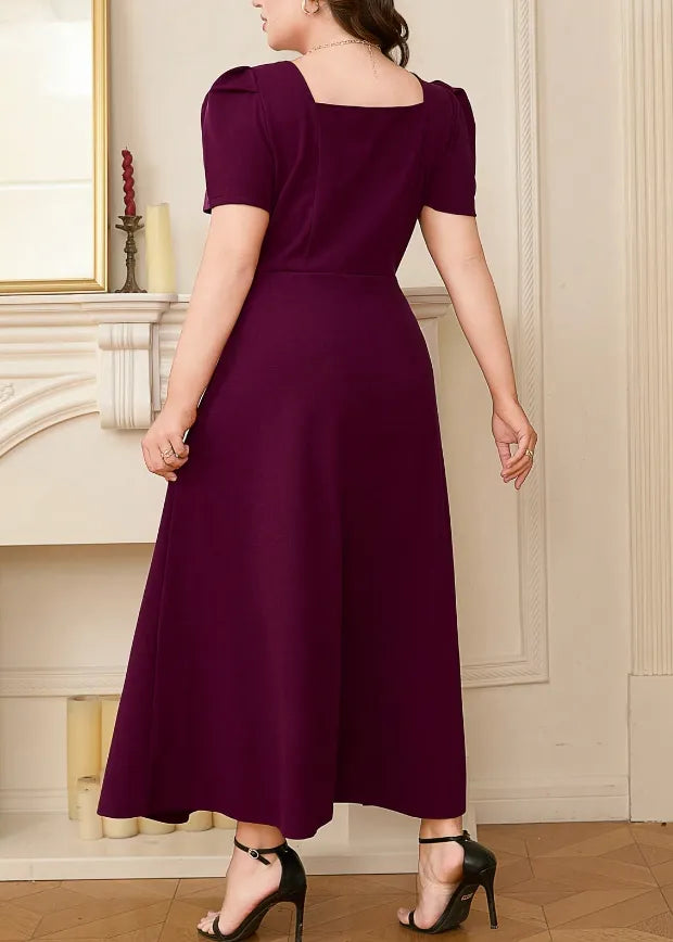 Plus Size Crisscross Square Neck Midi Dress with Puff Sleeves – Elegant & Stylish