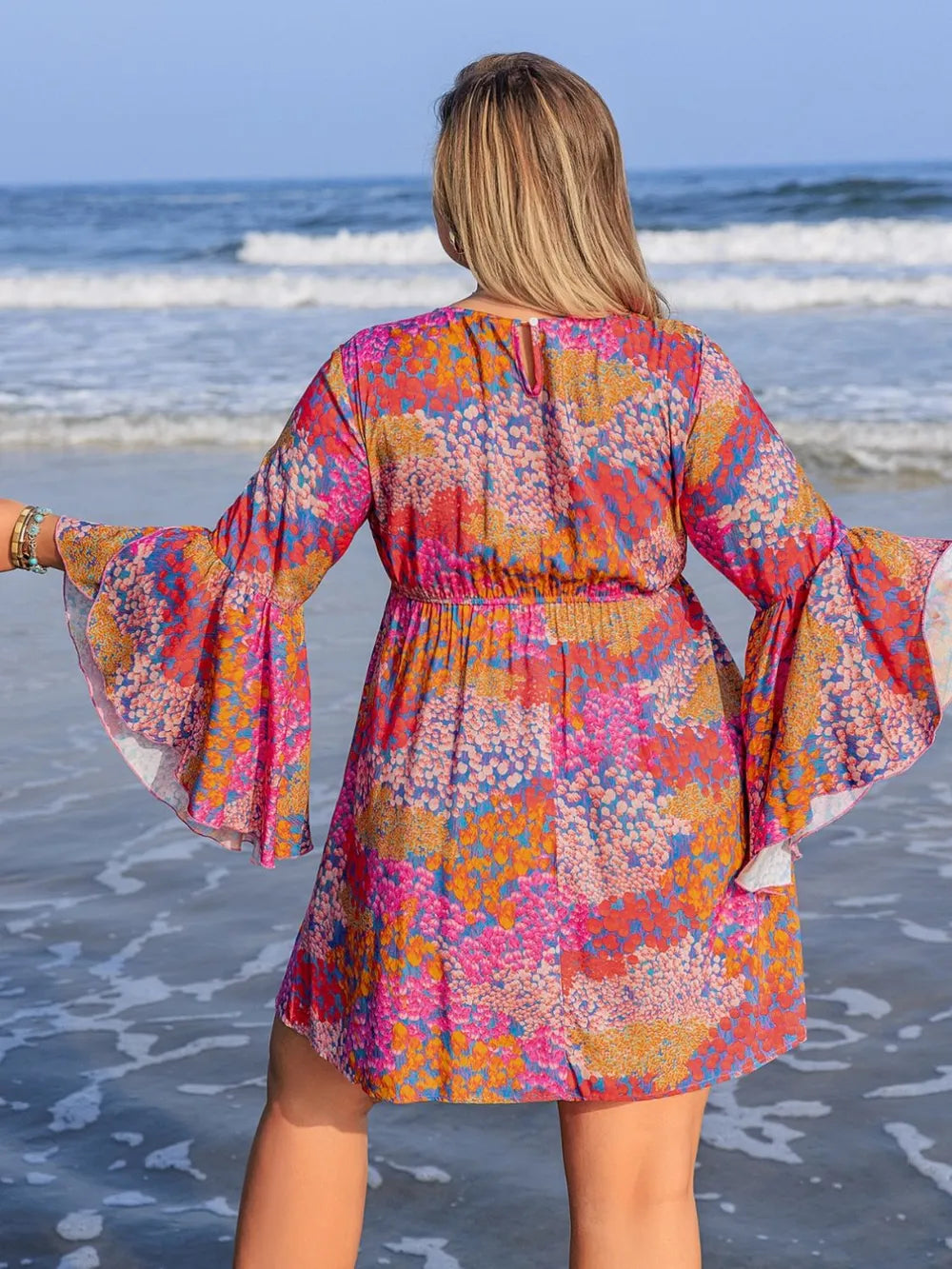 Stylish Plus Size Long Sleeve Ruched Printed Dress - Opaque Viscose, No Stretch, Perfect Fit