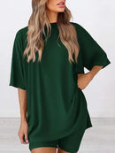 Full Size Oversized Round Neck Top and Shorts Set Plus Size Dark Green